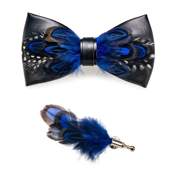 Men’s Handmade Faux Leather and Natural Feather Pre Tied Bow Tie and Lapel Set - Picture 2 of 3